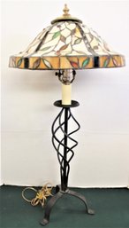 Vintage Table Lamp W/ Nice Stained Glass Shade & Twisted  Iron Base, 30'H   (44)
