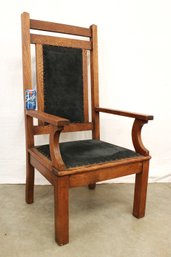 Large Antique Oak Arts & Crafts  Arm Chair With Upholstered Seat & Back, 25x50'H  (459)