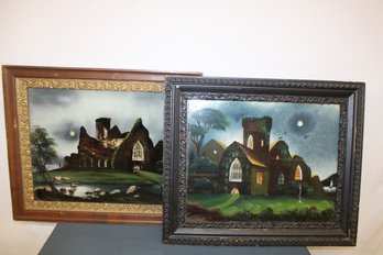 Antique 2 Framed Reverse Paintings On Glass, 25'x 21'H   (45)