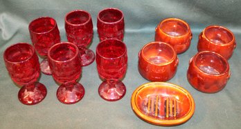 6 Royal Ruby Glass 5'H Goblets, 4 West Bend 2.5'D Earthenware Bowls & Soap Dish   (47)