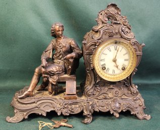 Working Antique Cast Metal, Spring Driven Ansonia, Shakespeare Figural Shelf Clock W/pendulum & Key   (48)