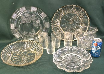 Glass - 11' Cake Plate, 11' Plate & Matching 10' Bowl, 10' Deviled Egg Plate, 4 Etched Glasses, Pitcher  (49)