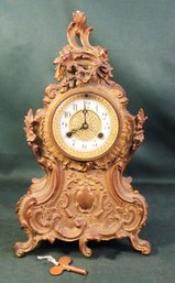 Antique Cast Metal Waterbury Spring Driven, Time & Strike Shelf Clock W/ Key, No Pendulum, Tip Broken   (49)