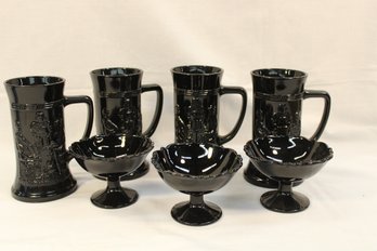 Vintage 7 Pieces Patterned Black Glass - 4 Mugs & 3 Sherbets  (4)