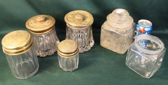 4 Antique Covered Glass Jars W/brass Lids & 2 Glass  Jars, One W/lid (One Dented) (4)