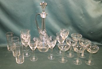 Etched Glass 17'H Decanter & 6 @7'H Stems, 6 Clear Glass 5'H Stems & 3 @6'H Glasses  (4)