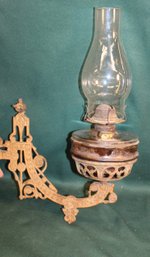 Antique Bracket Lamp With Font, Chimney & Bracket   (missing Wall Hook)  (51)