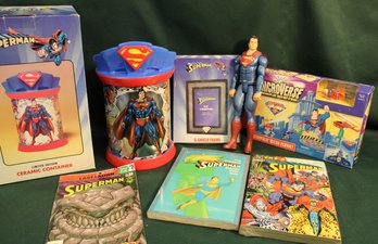 Superman Lot - Ceramic/tin Container, 4x6' Frame, Action Figure 11.5'H, MicroVerse Playset, 2 Books, Comic(53)