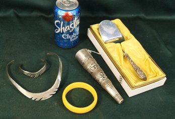 Silver Tussie Mussie Posy Holder, Necklace And Bracelet Marked .925, Cheese Slicer, Yellow Bangle  (54)