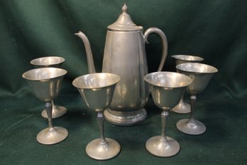 Crescent & Wallace Pewter Coffee Pot & 6 Goblets  (5)