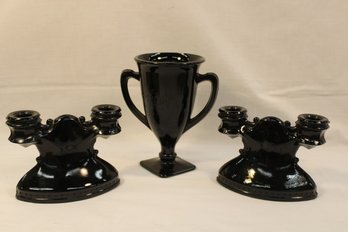 Antique Black Amethyst 1933 Chicago World's Fair Cup & 2 Black Amethyst Candleholders  (5)