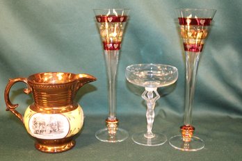 Beautiful Pair 11'h Glass Flutes & Champagne W/nude Figural Stem, & English Copper Lustre Pitcher   (5)