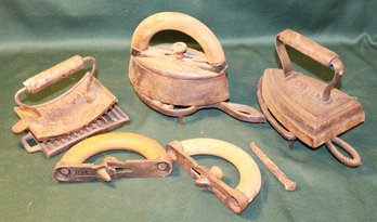 2 Sad Irons W/2 Extra Handles, New England Butt Co. R.I. Trivet & 'The Best' C.W.W. Whitfield Flutter   (60)