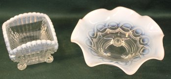 2 Pcs Antique Opalescent Pattern Glass: 8'd Footed Bowl, 3'H Square Bowl  (61)