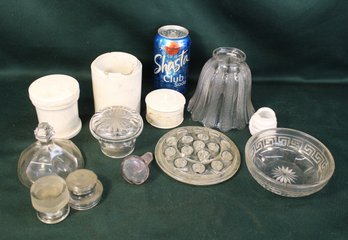 2 Lamp Shades, Heisey? Greek Key Bowl, Flower Frog, 3 Jars W/2 Lids, Misc. Stoppers & Lids  (61)