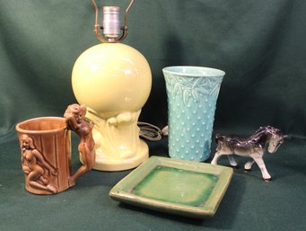 Vintage Ceramic Lot - Lamp Base 12', USA Vase 7', Horse Figure, Naughty Mug, 6'square Plate  (62)