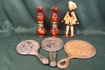 3 Hand Mirrors, Doll & Pair Of Miniature Oil Lamps  (64)