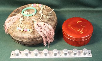 Antique Chinese Sewing Basket & Contents, Japan Lacquer Box, Metal Candy Mold  (64)