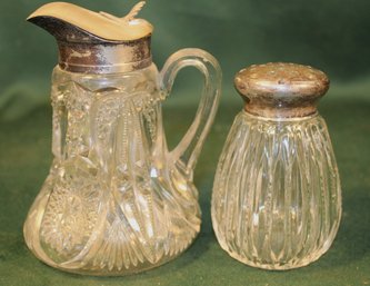 Antique Cut Glass Shaker W/ Sterling Lid & 'Near Cut' Syrup  (68)
