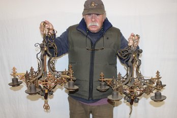 Antique Matched Pair Iron, Pot Metal & Copper/brass,  Electric Hanging  5 Light Chandeliers (69)