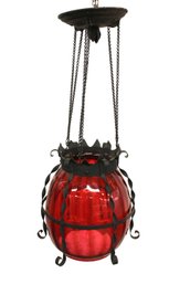 Hanging Pull Down Cranberry Glass Shade In Metal Framework 9'H   (69)