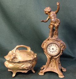 Victorian Jewelry Casket & Art Nouveau Figural Wind-Up Clock, Pat. 1894, 11.5'H  (6)