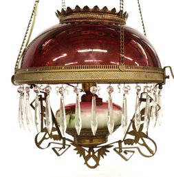Hanging Pull Down Electrified Lamp W/painted Font, Cranberry Shade & Prisms, 14'H  (70)