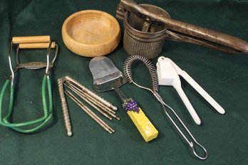 Vintage Kitchen Utensils -  Fairgrove Canning Jar Thongs, Cheese Slicer, Nut Cracker And Picks, Presses  (71)