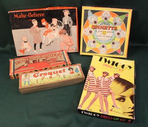 5 Games - 2 Croquet Games(Vermont & Germany), 1924 Make Believe, Spinette (Milton-Bradley), Twiggy  (71)