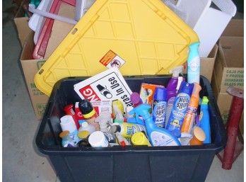 Black Tub Full Of Cleansers, Fresheners, Bug Sprays, Etc.  (242)