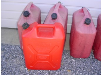 Five 5 Gallon Plastic Gas Cans Complete With Spouts And Caps  (246)