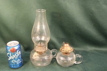 2 Antique Finger Oil Lamps With One Chimney, One Broken Burner  (75)