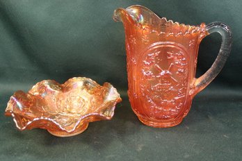 Vintage Carnival Glass 8'H Pitcher & 8' Dia. Ruffled Edge Bowl  (76)