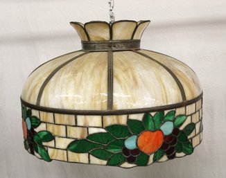 Antique Large Hanging Leaded Stained Glass Ceiling Shade W/8 Panels, 21'Dia.  W/leaded Fruit Border  (76)