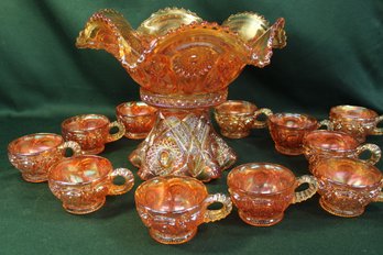 Beautiful Carnival Glass Punch Bowl On Stand With  11 Matching  Cups  (77)