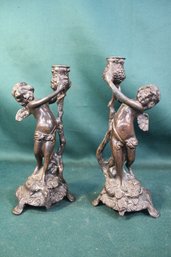 Antique Of Pair Heavy Pot Metal Figural Candle Holders, 11' & 11.5'H  (78)