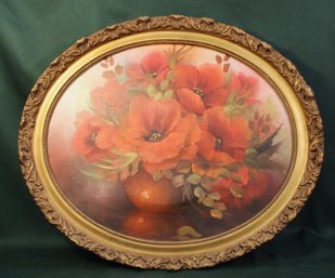 Oval Framed Oil Painting On Canvas Of Poppies, By Virginia Rasmussen, 23x19'H  (78)