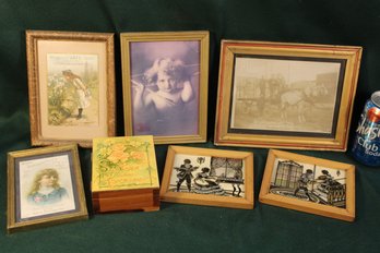 Antique 6 Framed Pcs Including 2 Silhouettes, 2 Trade Cards & Sister's Box (79)