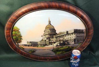 Antique Convex Glass Framed Painting On Glass Of Capitol Building, 23x17'H, Some Wear As Shown  (79)