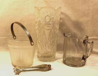 Vintage Clear Pressed Glass 11'h  Vase, 6'h Pitcher  & Ice Bucket W/tongs  (7)
