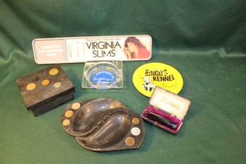 Double Sided Metal Virginia Slim Ad, 2 Adv. Ashtrays, Ashtray & Box W/inserted Coins, Cigar Tip  (80)