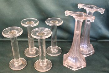 Group Of 6 Vintage Clear Glass Shelf Stands - 4@ 9'H & 2 @ 12'H  (80)