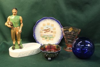 10'H Football Figure, 8'calendar Plate, 5'd Carnival Bowl, 5' Blue Glass Bud Vase, 6' Pink Vase  (82)