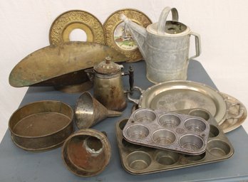 Antique Metal Lot - Watering Can, Brass Scale Basket, Coffee Pot, 'tula' Strainer, Trays, More  (85)