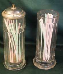 Antique 2 Glass Soda Fountain Straw Holders - One With Lid, 11'H  (86)