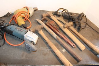 Profile Sander (Chicago Electric), B&D Ele. Drill & 3/8 Ele. Drill, 3 Hammers, Pry Bar, Pipe Wrench  (87)