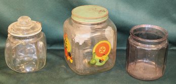3 An Tique Glass Kitchen Jars - 2 W/lids, 1 Sun Turned Purple, 1 Pat. 1900    (87)