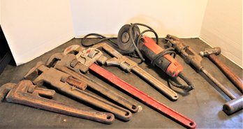 Pipe Cutter, Milwaukee Grinding Wheel, Hammer, 5 Pipe Wrenches  (88)