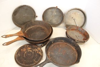 Cast Iron Unmarked #8 Skillet, 2 Wrought Iron 'Range Co.' Skillets, Cake Pans (as Is), Grease Screen   (89)