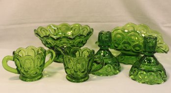 Vintage Moon & Stars Pressed Green Glass Candleholders, 2 Bowls, Sugar & Creamer   (8)